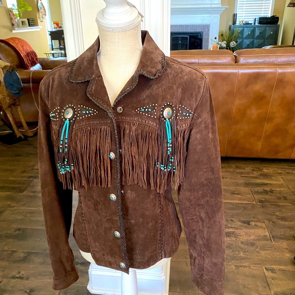 Ladies brown suede jacket with turquoise beads and silver conches.